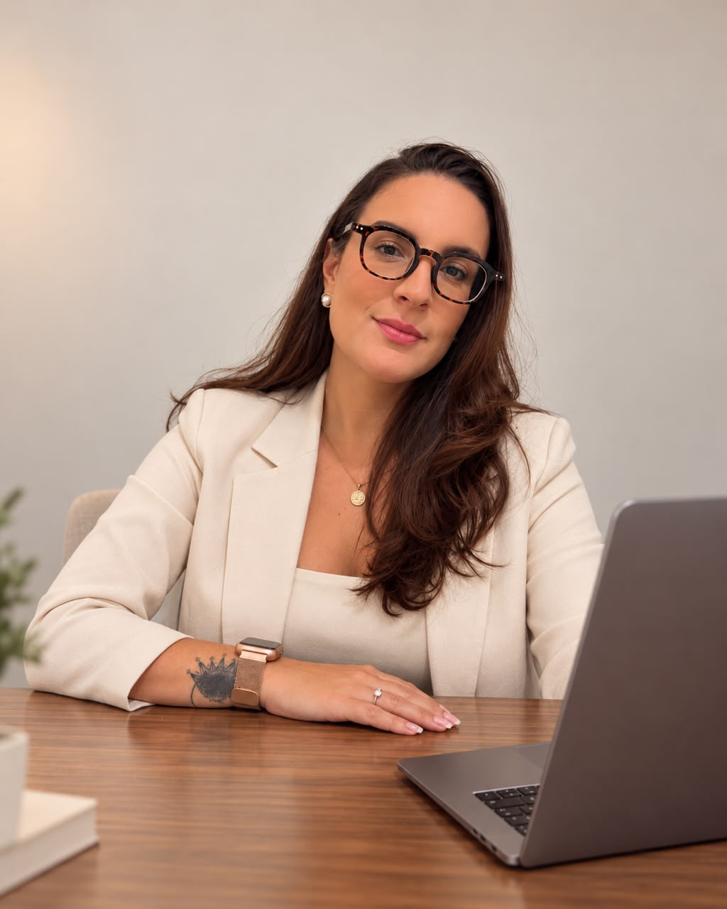 Kamila Pontes, psicóloga clínica, sorrindo em pé no consultório